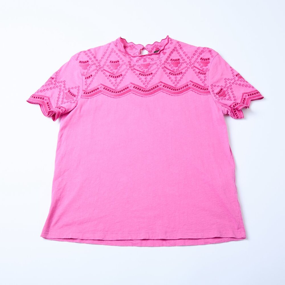 MAJE Talenta Eyelet Geometric Embroidered Romantic Pink Top FR 1 US small